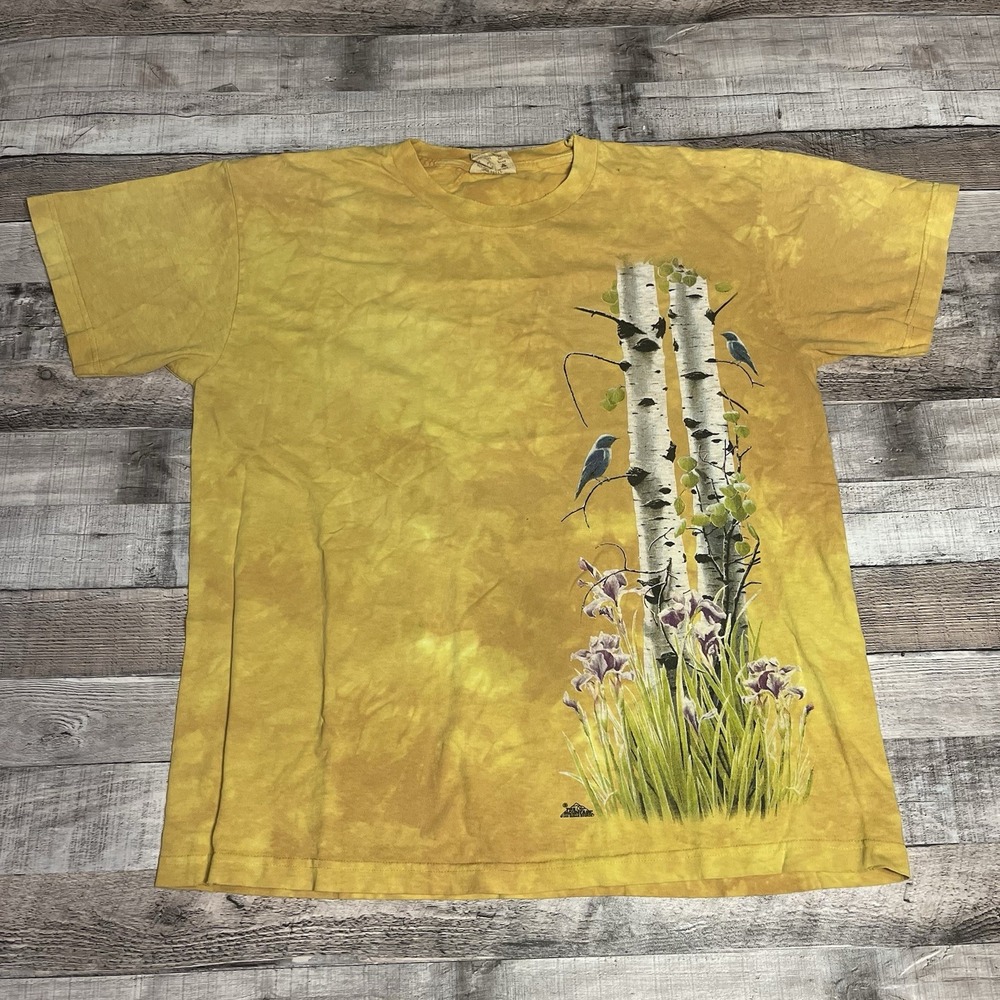 Mountain Shirt Size Large Yellow Vintage Tie Dye 90s Nature Tee Birds Trees